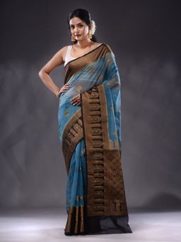 CHARUKRITI - Cerulean Blue Organza Handwoven Saree With Unstitched Blouse